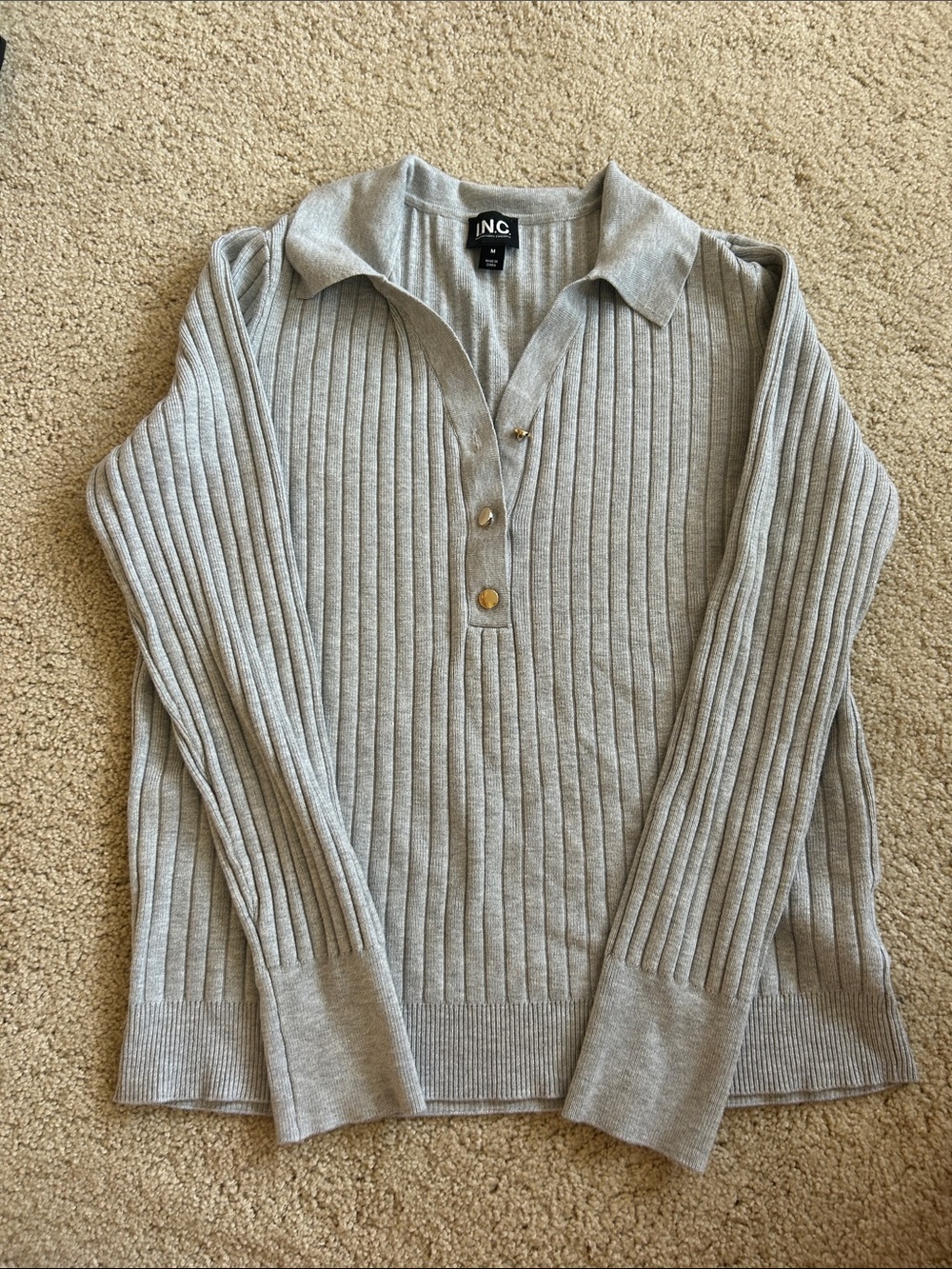 INC International Concepts Light Gray Ribbed V-Neck Polo Sweater